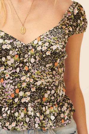 Floral Sweetheart Cap Sleeve Button Front Top