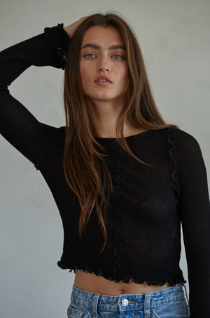 Knit Rayon Nylon Rib Cropped Long Sleeve Lettuce Edge Top