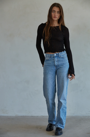 Knit Rayon Nylon Rib Cropped Long Sleeve Lettuce Edge Top