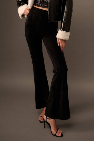 Solid High Waist Fitted Flared Corduroy Pants: BLACK